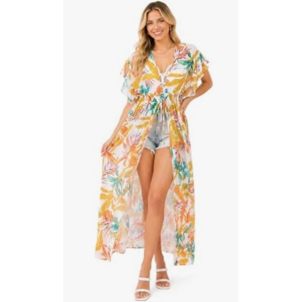 Anthropologie Flying Tomato Tropical Ivory Cover Up Maxi Kimono Dress Large